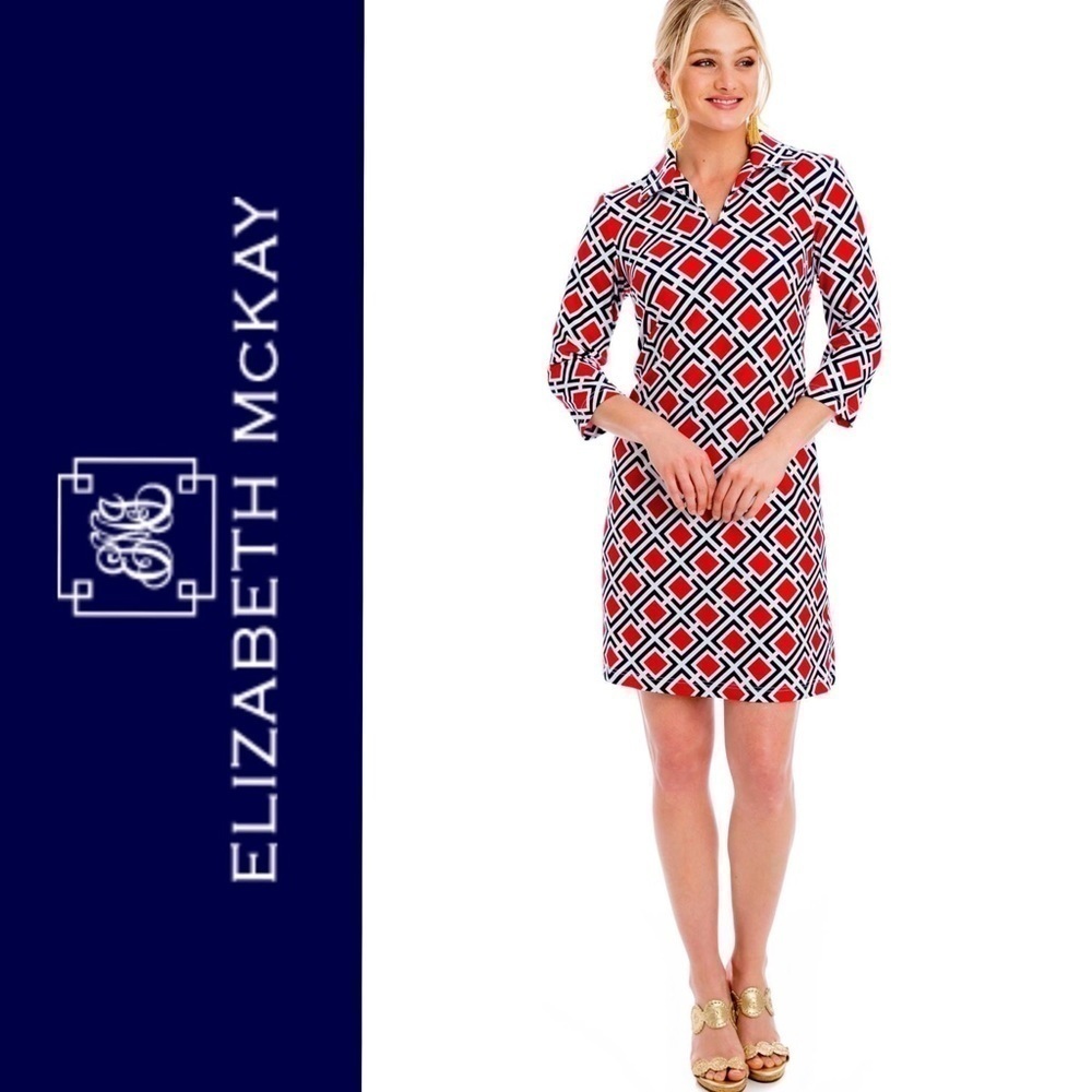 ELIZABETH MCKAY ANNIE RED GEO 3/4 SLEEVE NOTCH NECK COLLARED SHEATH DRESS